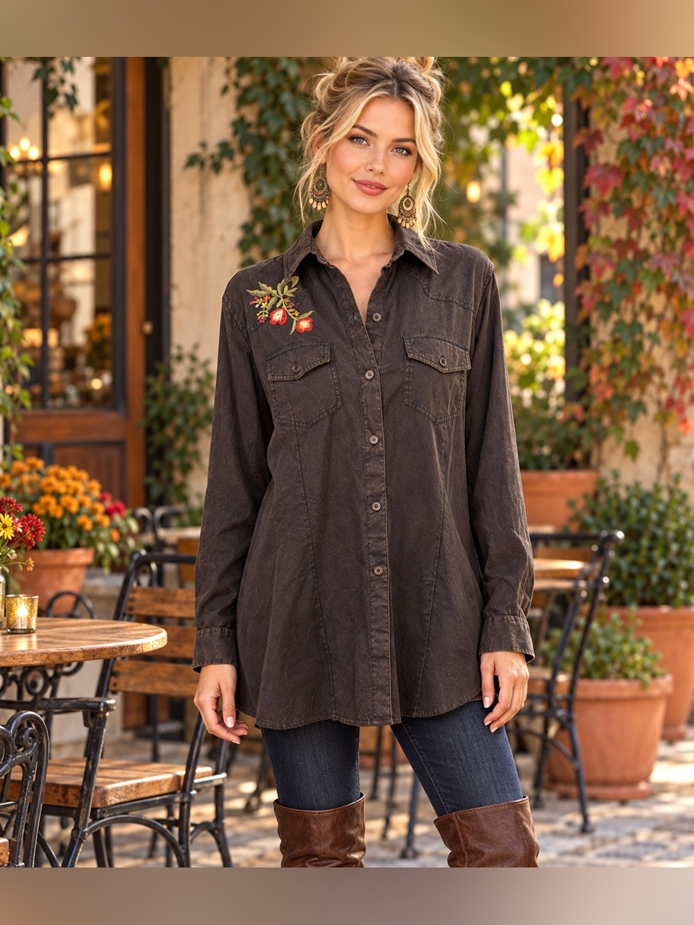 Nostalgia Floral Embroidered Washed Dark Bronze Button Front Tunic Large
